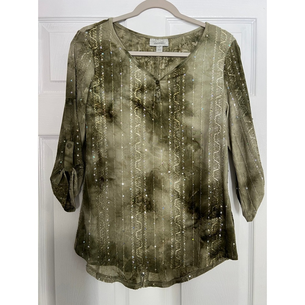 Dressbarn Womens Olive Green Tie Dye Sequin Embroidered Roll Tab Sleeve Top S